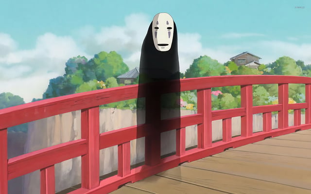 No-Face on the bridge, luring spirits with gold